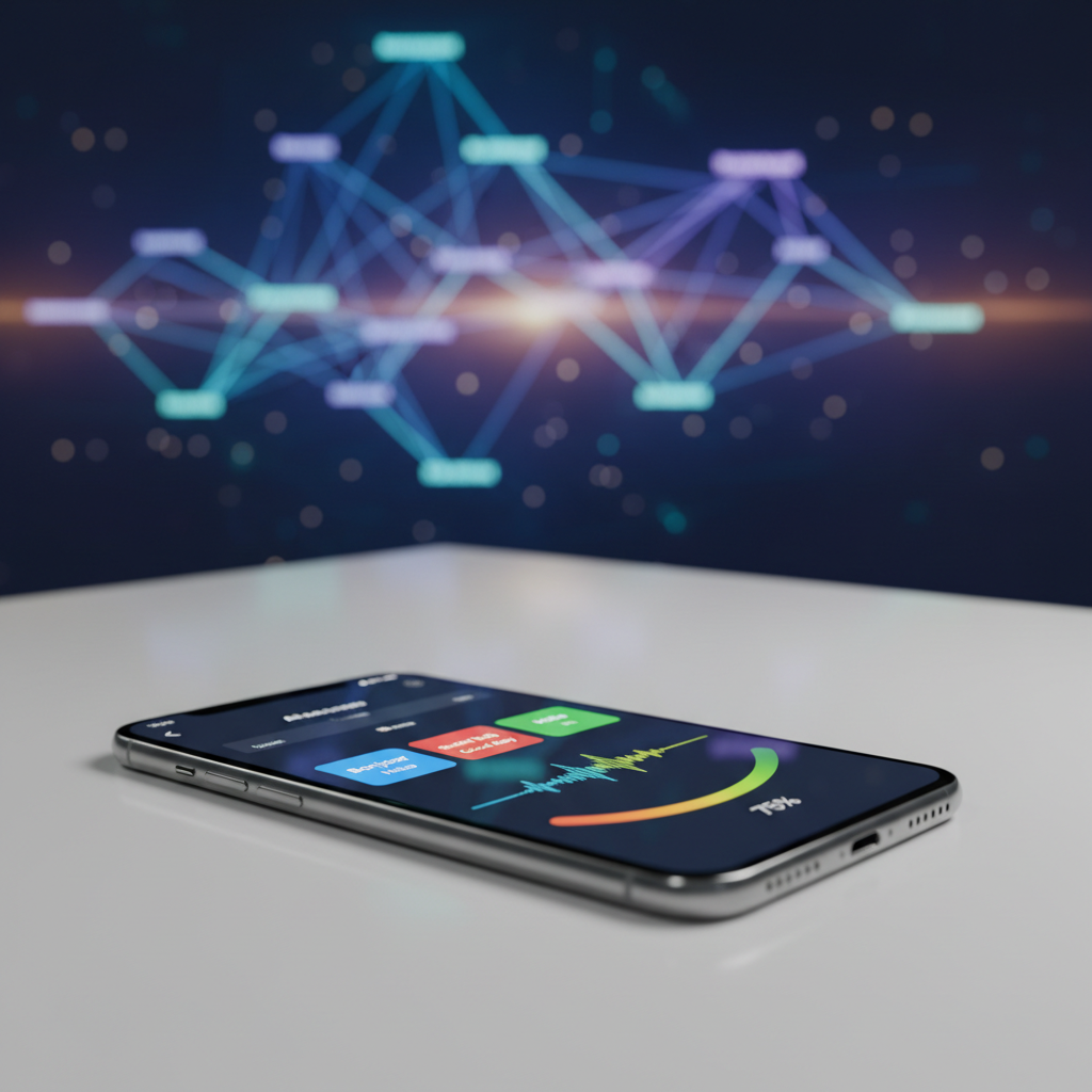 A high-resolution close-up of a smartphone resting on a smooth white tabletop, its screen filled with an AI-powered language lesson interface. Color-coded vocabulary cards, a waveform visual for pronunciation practice, and a dynamic progress bar curve across the display. The glass surface of the phone reflects soft overhead studio lighting, producing subtle highlights along the edges. In the blurred background, a large digital wall display shows an abstract map of interconnected languages, softly glowing in blues and purples. Shot at eye level with a strong focus on the device and a tasteful bokeh behind, the scene conveys a polished, professional, and cutting-edge SaaS experience with a photographic, clean aesthetic.